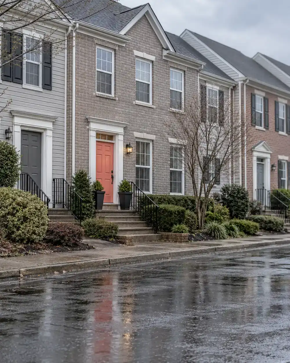 Brick and siding townhomes beside wet pavement, with one coral front door