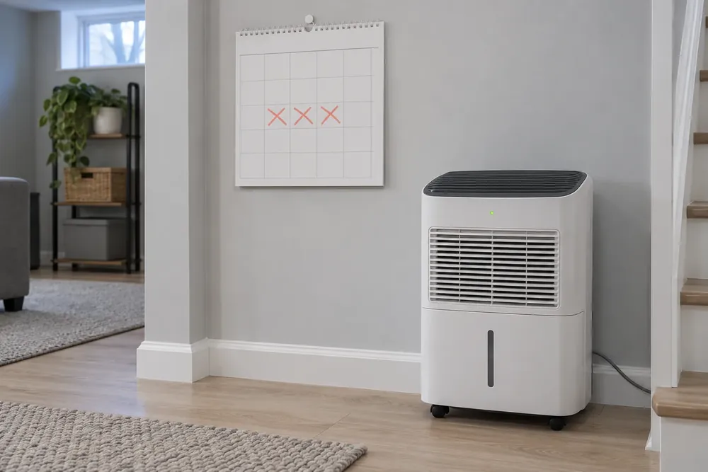 Wall calendar with three days crossed out beside a running dehumidifier