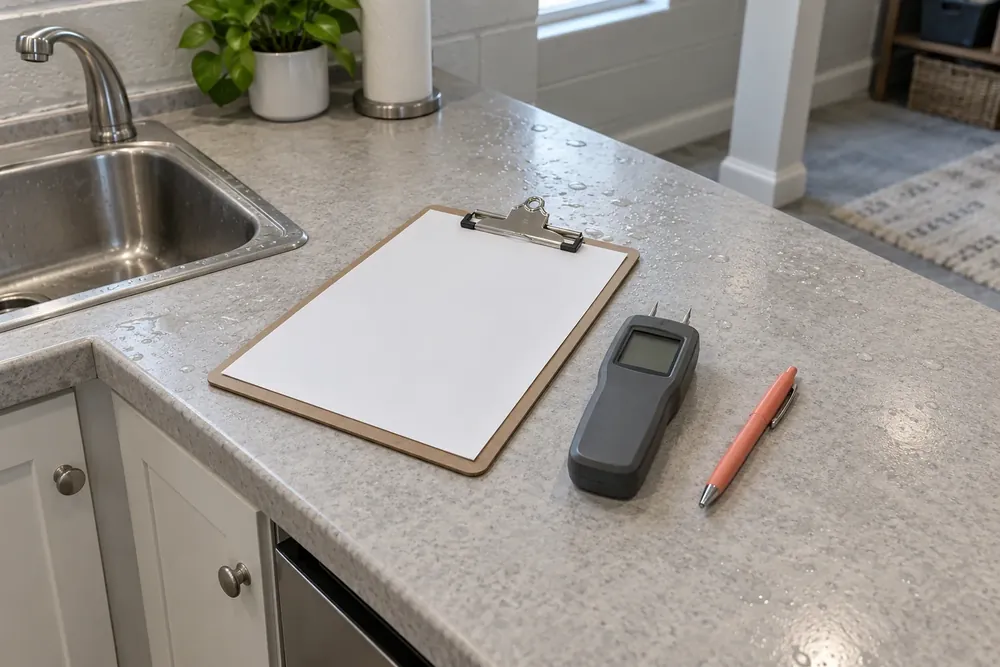 Blank inspection clipboard, moisture meter and coral pen on a damp countertop