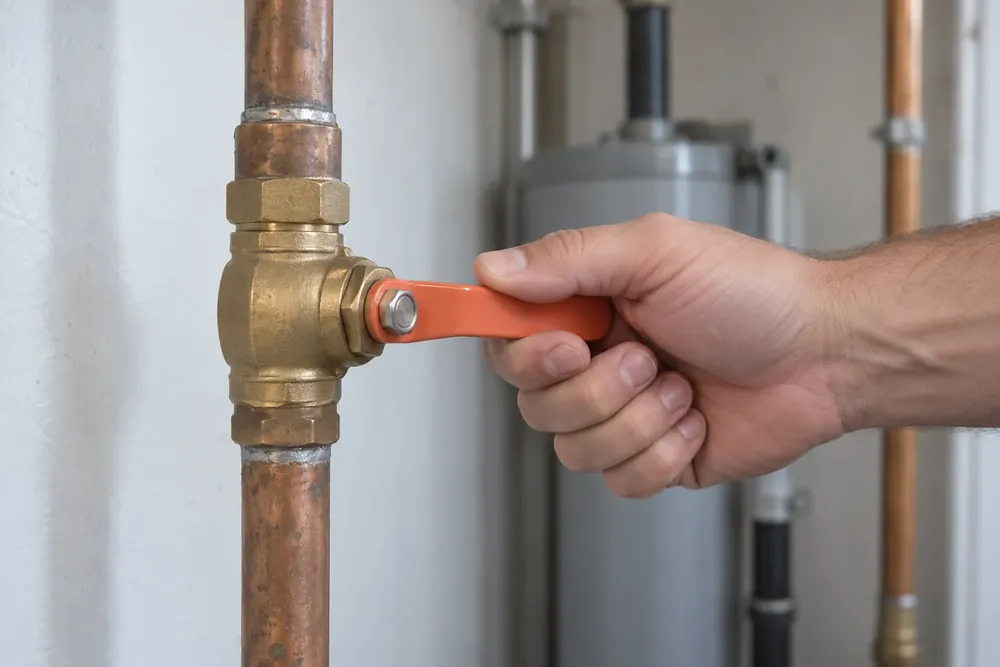 Hand turning a coral water shutoff valve inside a utility closet