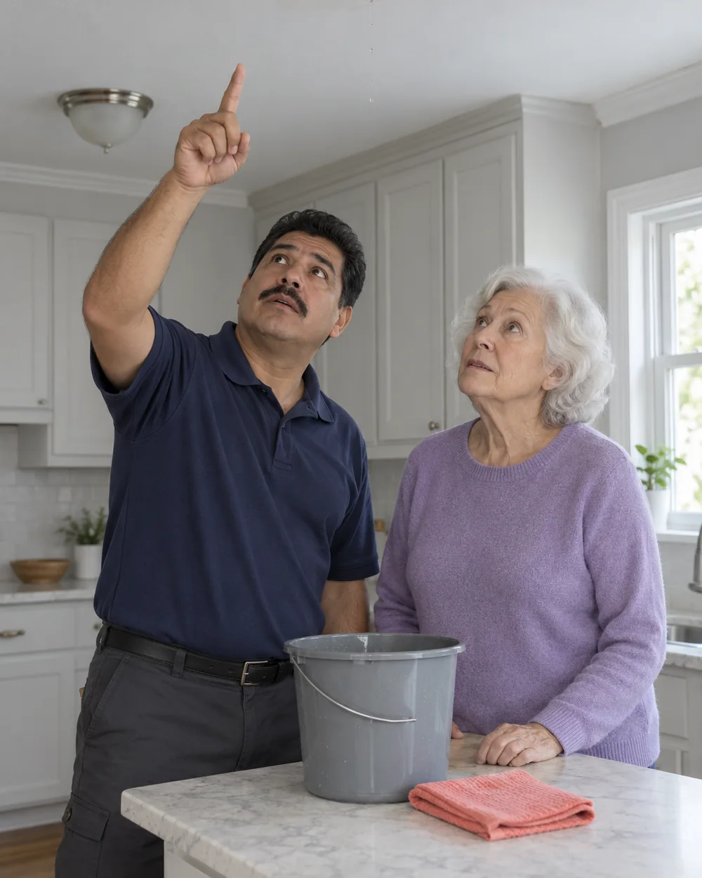 Technician and homeowner in a kitchen looking up at a water-stained ceiling with a bucket on the counter