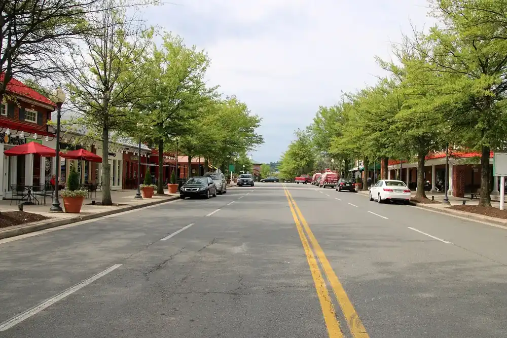 Tree-lined main street with shops and red awnings in Cascades, Virginia