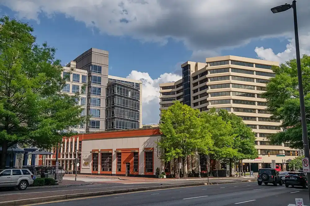 Office towers and leafy trees along Wisconsin Avenue in Chevy Chase, Maryland