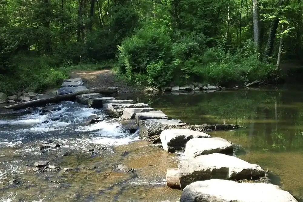 Stepping stones crossing the shallow, rocky Difficult Run stream in Virginia