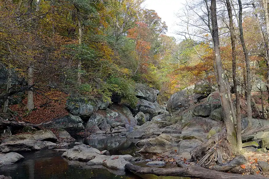 Boulders and fall foliage along the rocky Northwest Branch stream near Kemp Mill, Maryland
