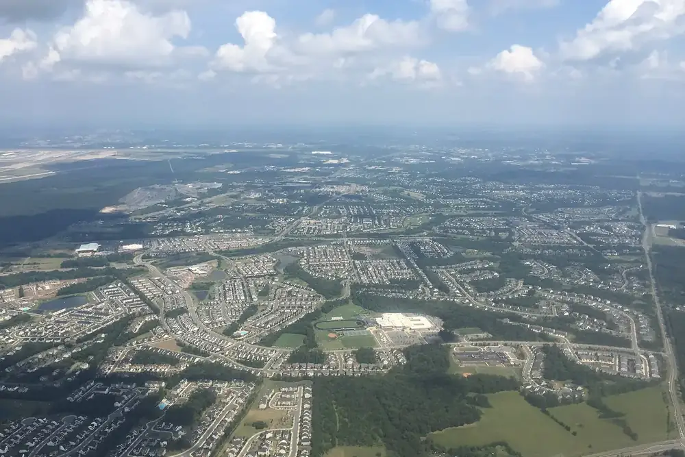 Aerial view of suburban neighborhoods and green space in South Riding, Virginia