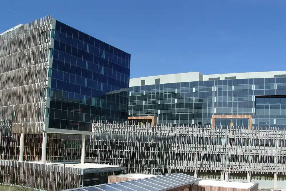 Glass-walled U.S. Census Bureau headquarters at the Suitland Federal Center in Suitland, Maryland