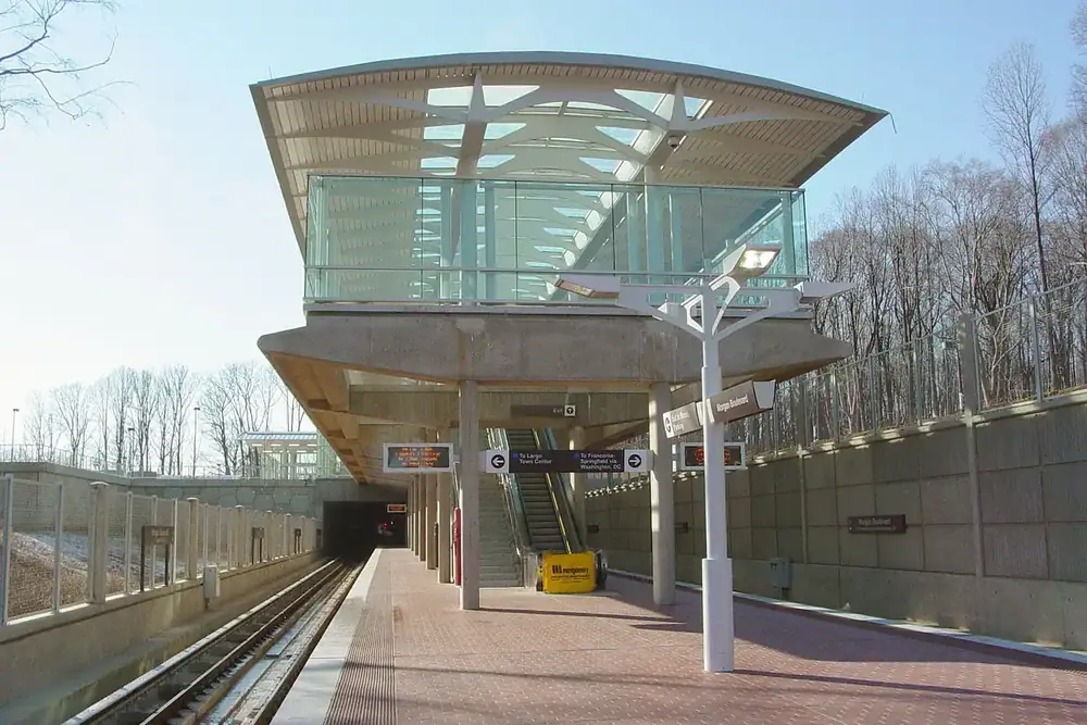 Elevated glass canopy above the Morgan Boulevard Metro station platform in Summerfield, Maryland