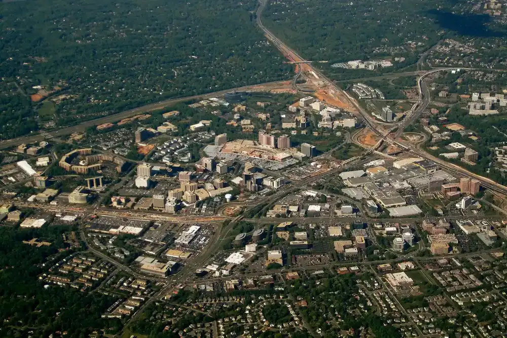 Aerial view of the Tysons business district and surrounding roads in Virginia